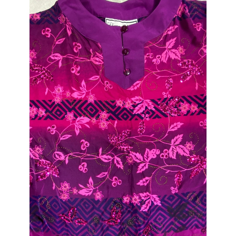 Diane Gilman Tunic‎ Top Womens Medium Pink Purple Floral Silk Sequin Henley NEW - Picture 2 of 9